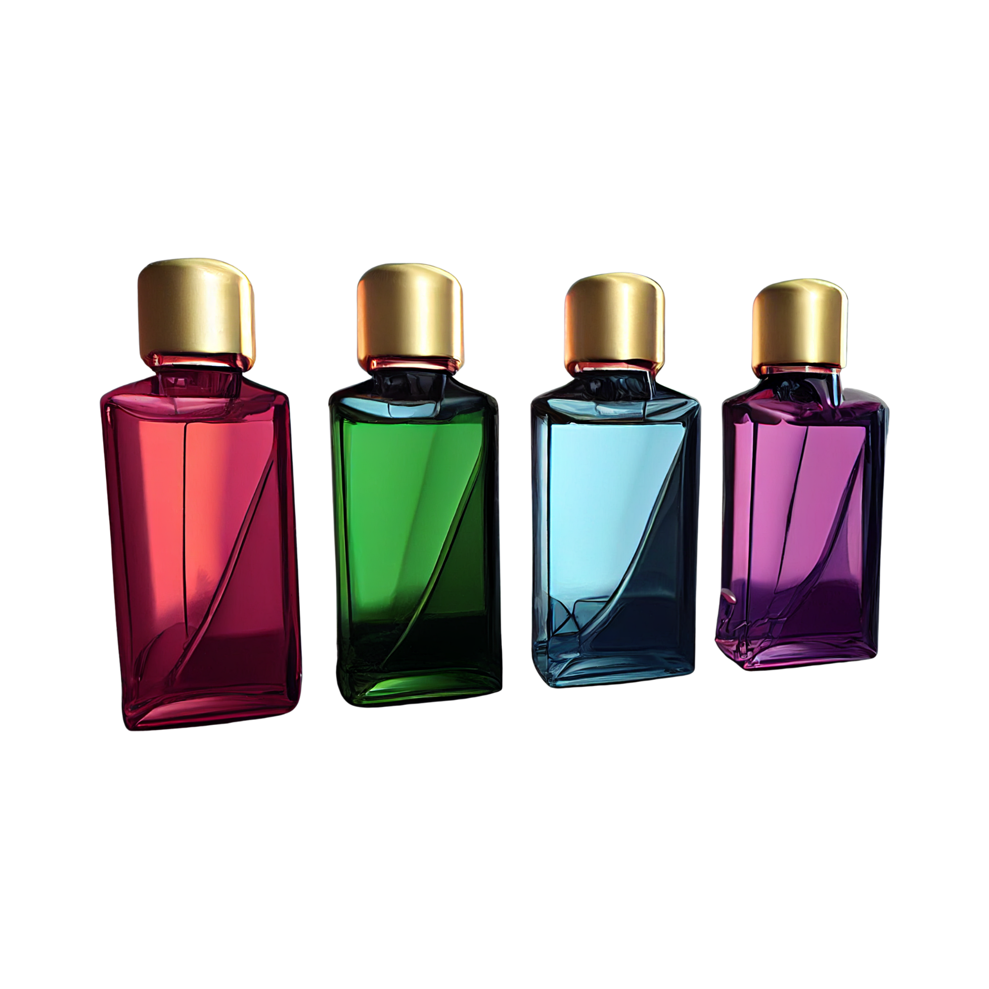 Four colorful nail polish bottles with gold caps arranged in a row against a black background.