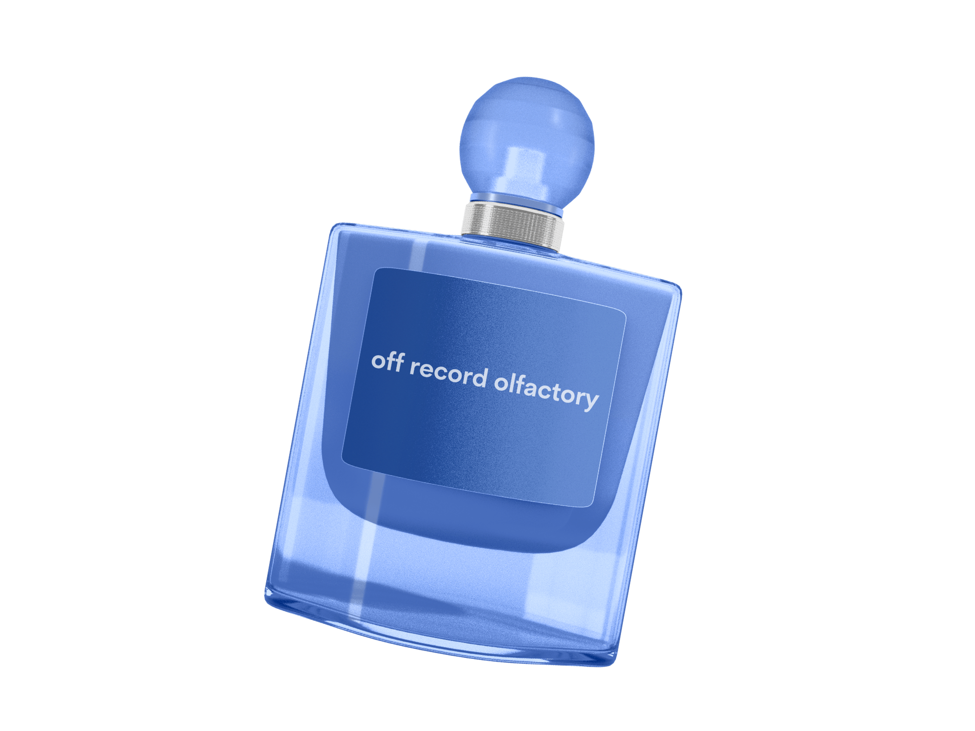 A blue bottle with a spherical cap and a label that reads 'off record olfactory'
