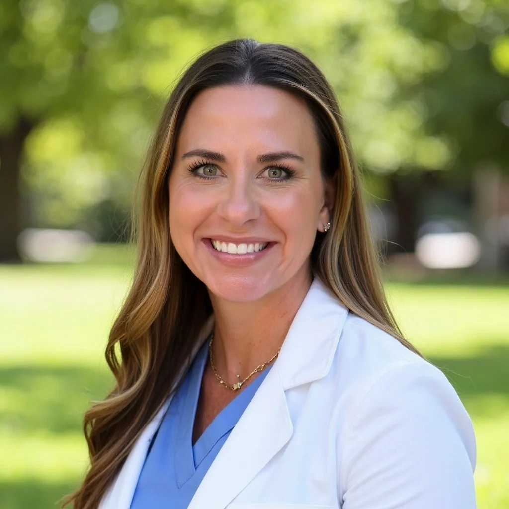 A woman with long wavy brown hair, green eyes, and a bright smile standing outdoors with a blurred green background, wearing a white medical coat and a blue shirt.