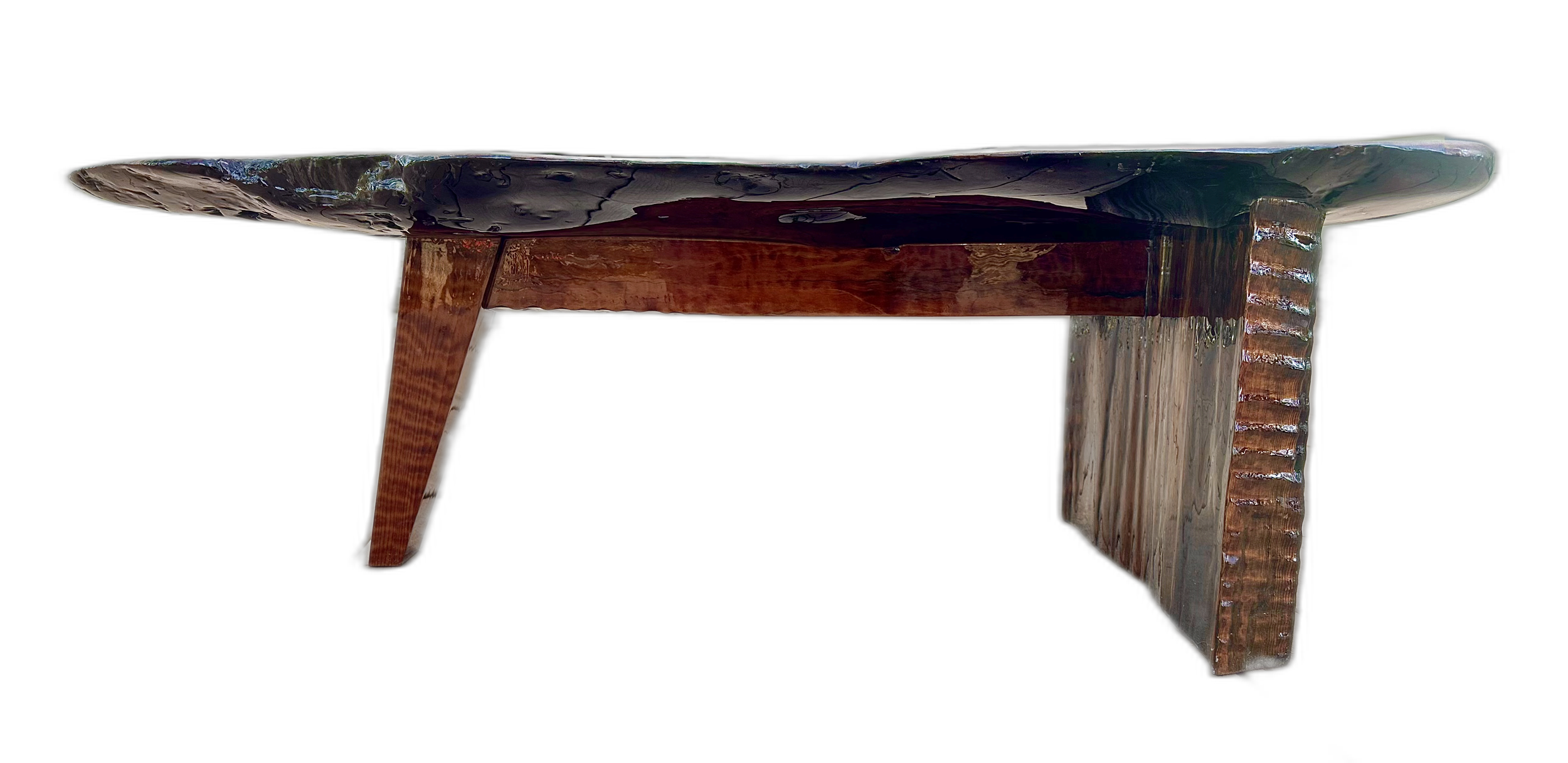 Wooden bench with a dark, polished marble top, viewed from a low angle against a black background.