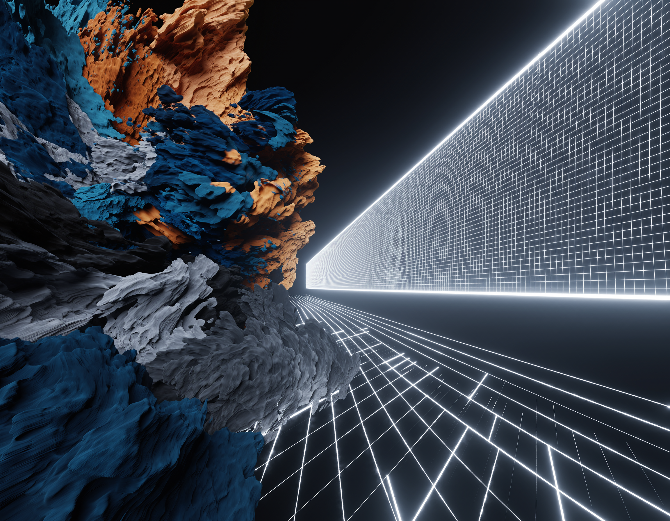 A wide, cinematic abstract composition. On the far left, turbulent, swirling organic currents of deep indigo, burnt orange, and charcoal gray. Generated with Adobe Firefly Jan 30 2026.