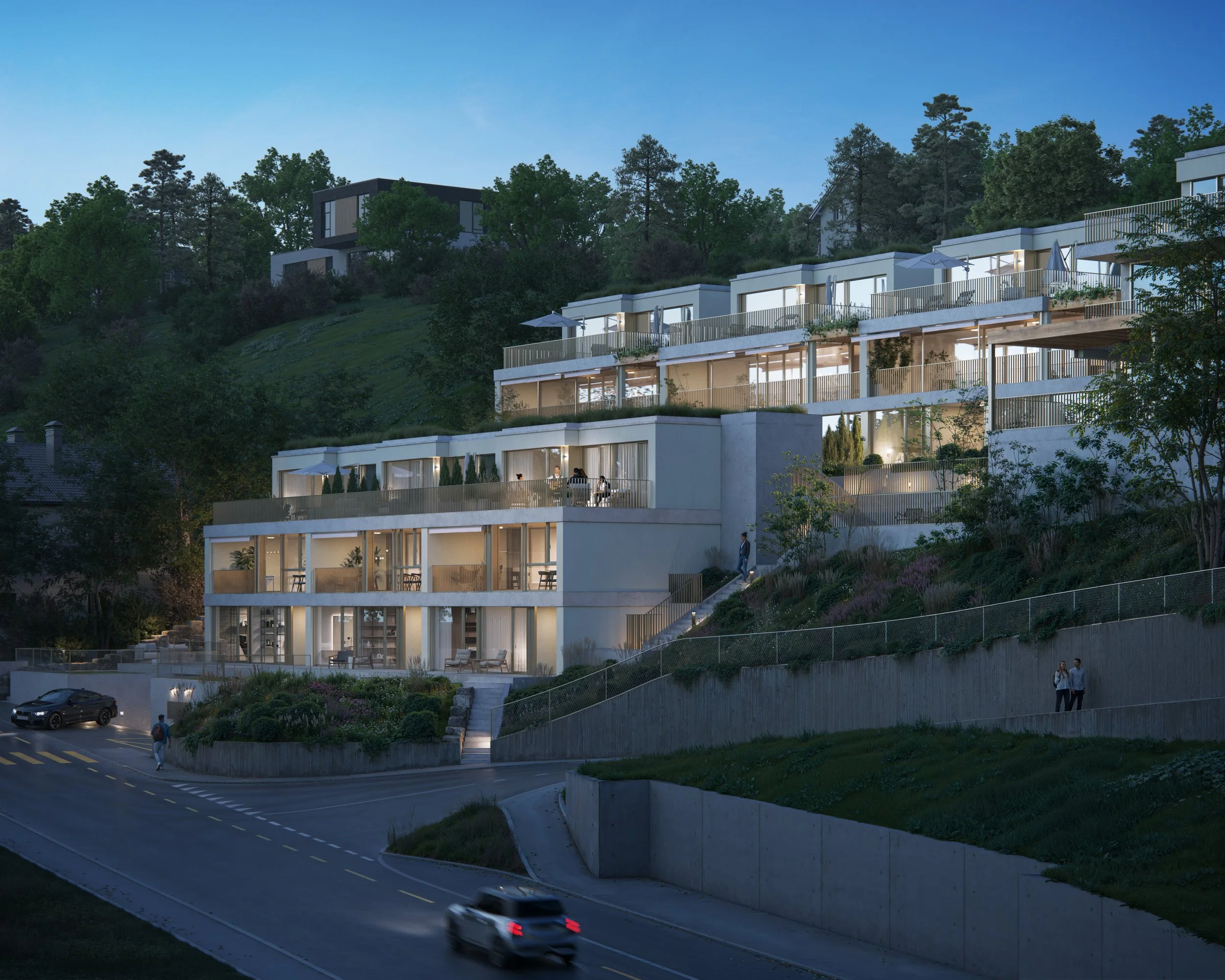 Exterior view of Wohnoase am Brumbergrai residential development in Laufen, Switzerland.