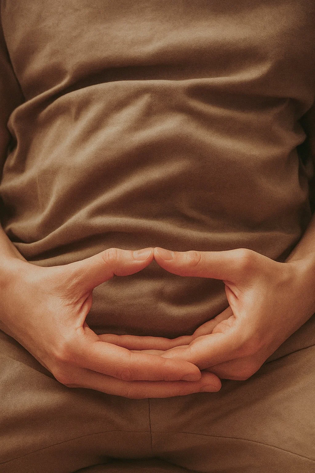 Manos formando un corazón sobre la tela beige.