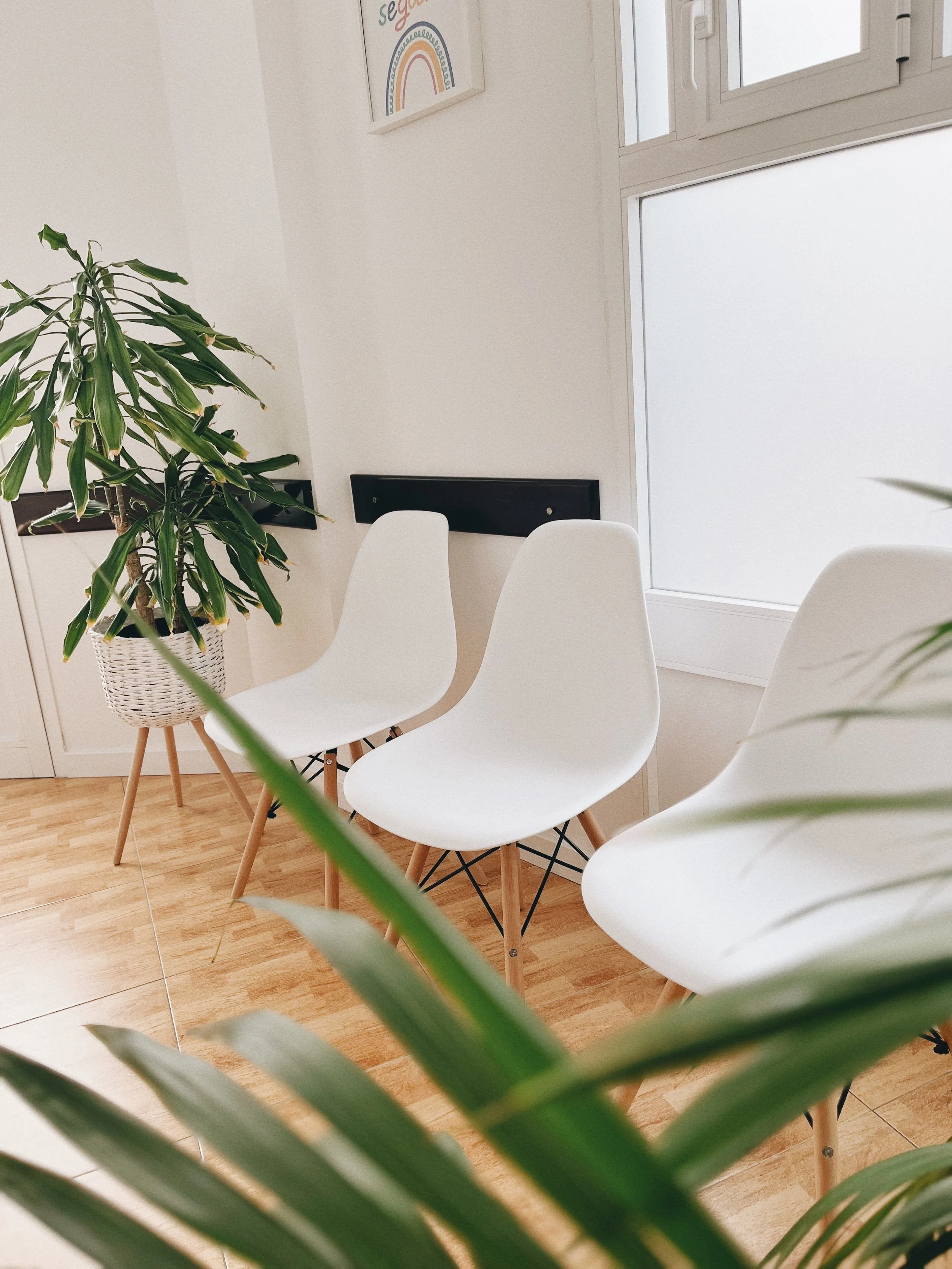 Sala de espera con sillas blancas, planta en maceta, ventanas con cortinas y cartel con arcoíris en la pared.