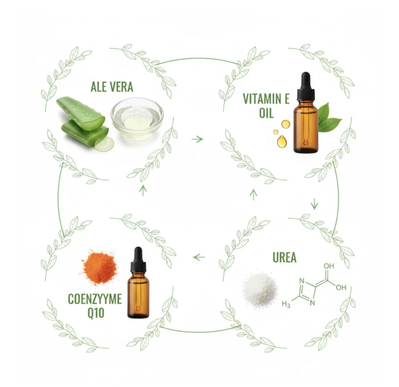 Flowchart of natural skincare ingredients and products, including aloe vera, vitamin E oil, urea, and Coenzyme Q10.