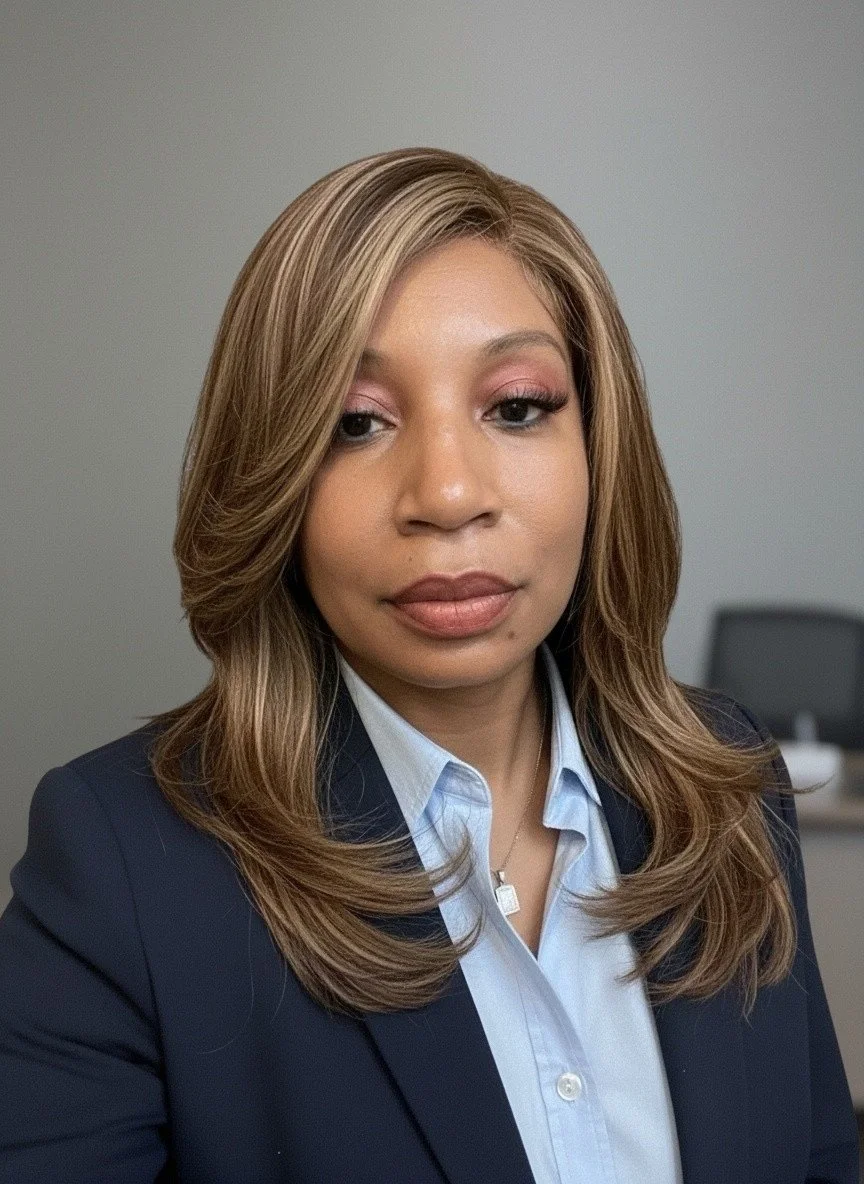 A professional woman with light brown hair and light makeup, wearing a navy blazer and a light blue collared shirt, sitting in an office environment.