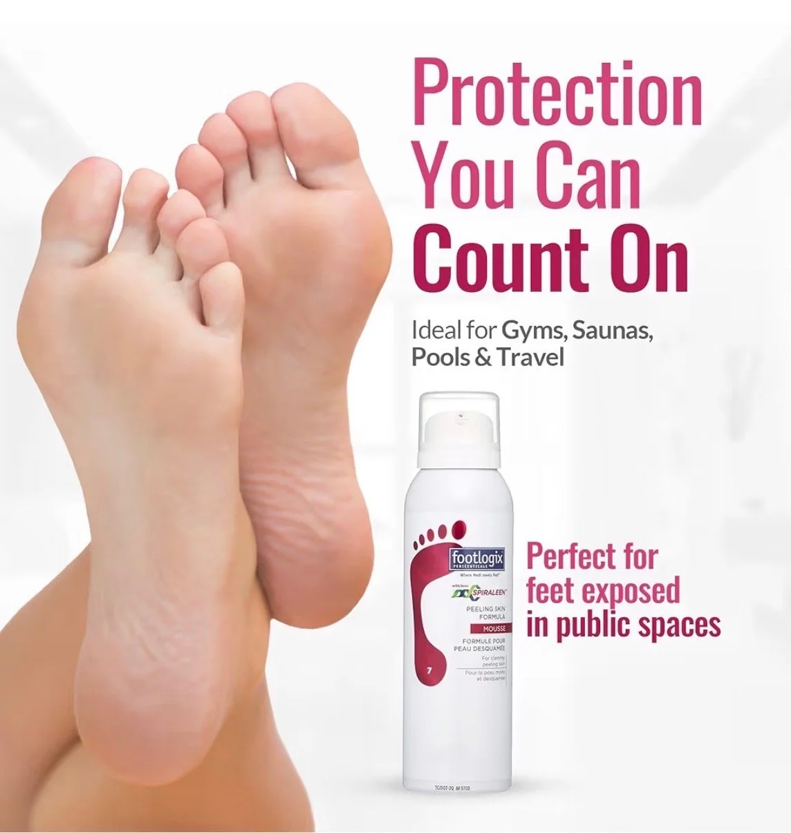 A pair of feet with exposed soles next to a bottle of foot skintight mousse and text promoting foot protection for public spaces.