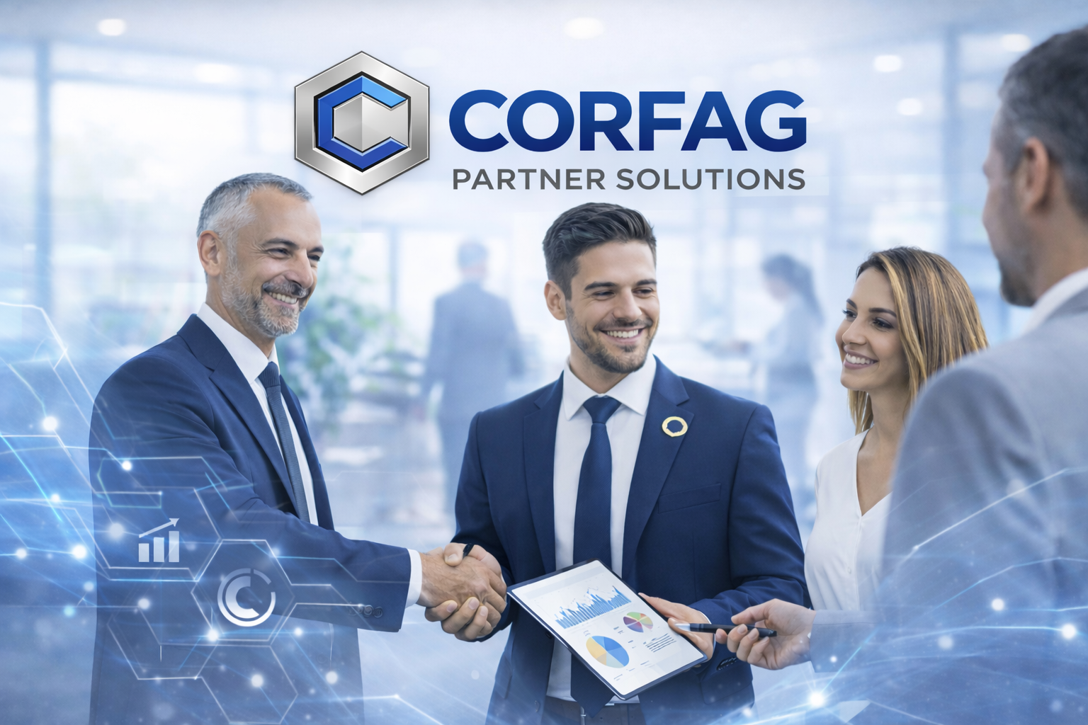 Personas de negocio en una reunión, estrechando manos, con gráficos y tecnología digital en el fondo, logo de CORFAG y texto 'Partner Solutions'