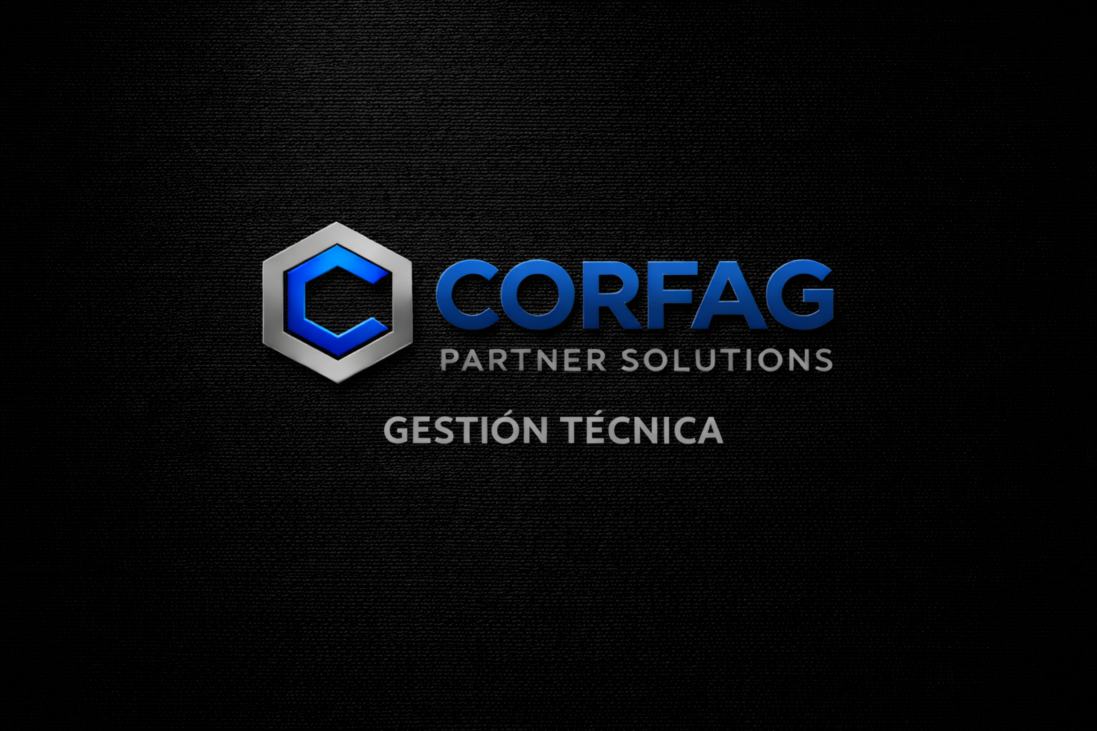 Logo de CORFAG Partner Solutions con texto en español: Gestión Técnica en fondo negro con textura fina.