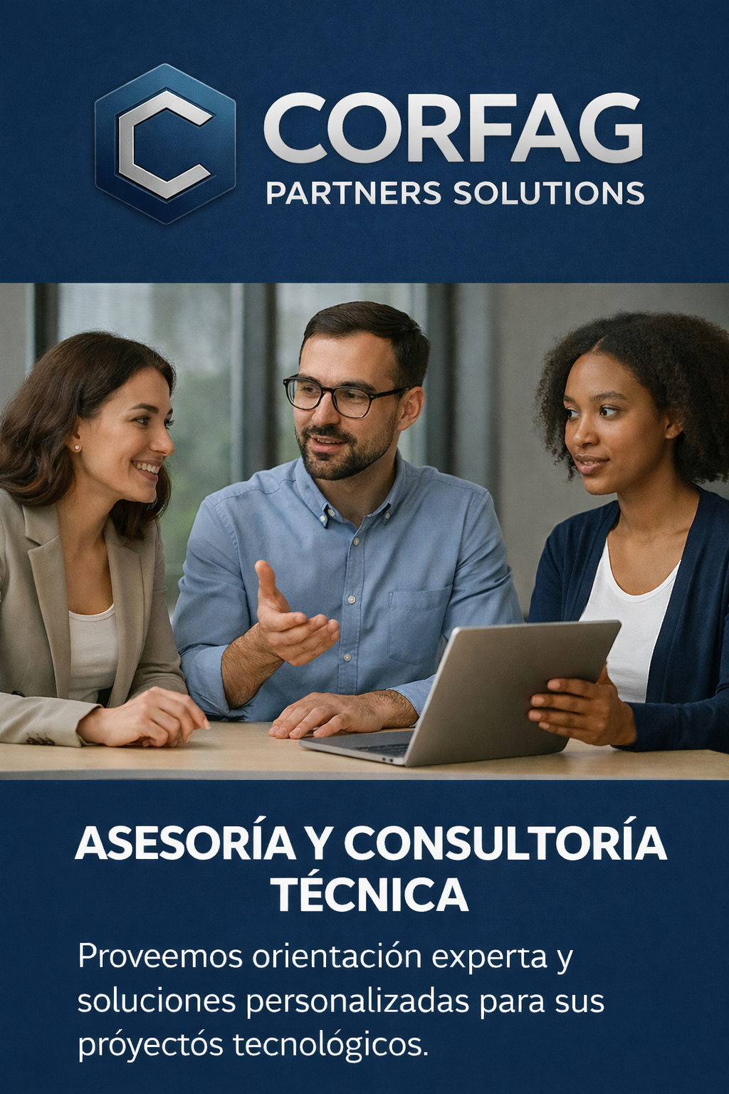 Imagen de tres personas en una reunión de negocios, discutiendo frente a una computadora portátil, con un cartel en la parte superior que dice 'CORFAG PARTNERS SOLUTIONS'.