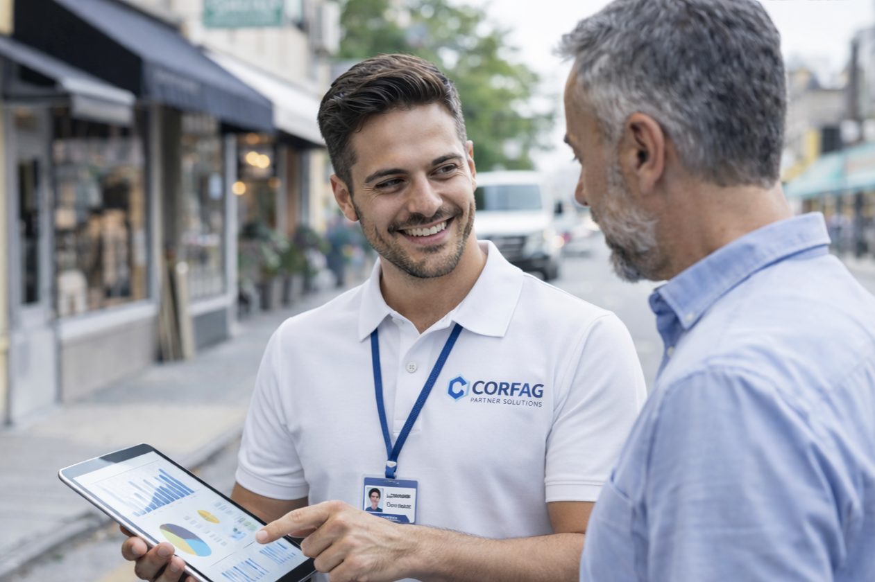 Un joven sonriente con camiseta blanca y gafete habla con un hombre mayor en una calle, mostrando una tableta con gráficos y datos. La camiseta tiene el logotipo de CORFAG Partner Solutions.