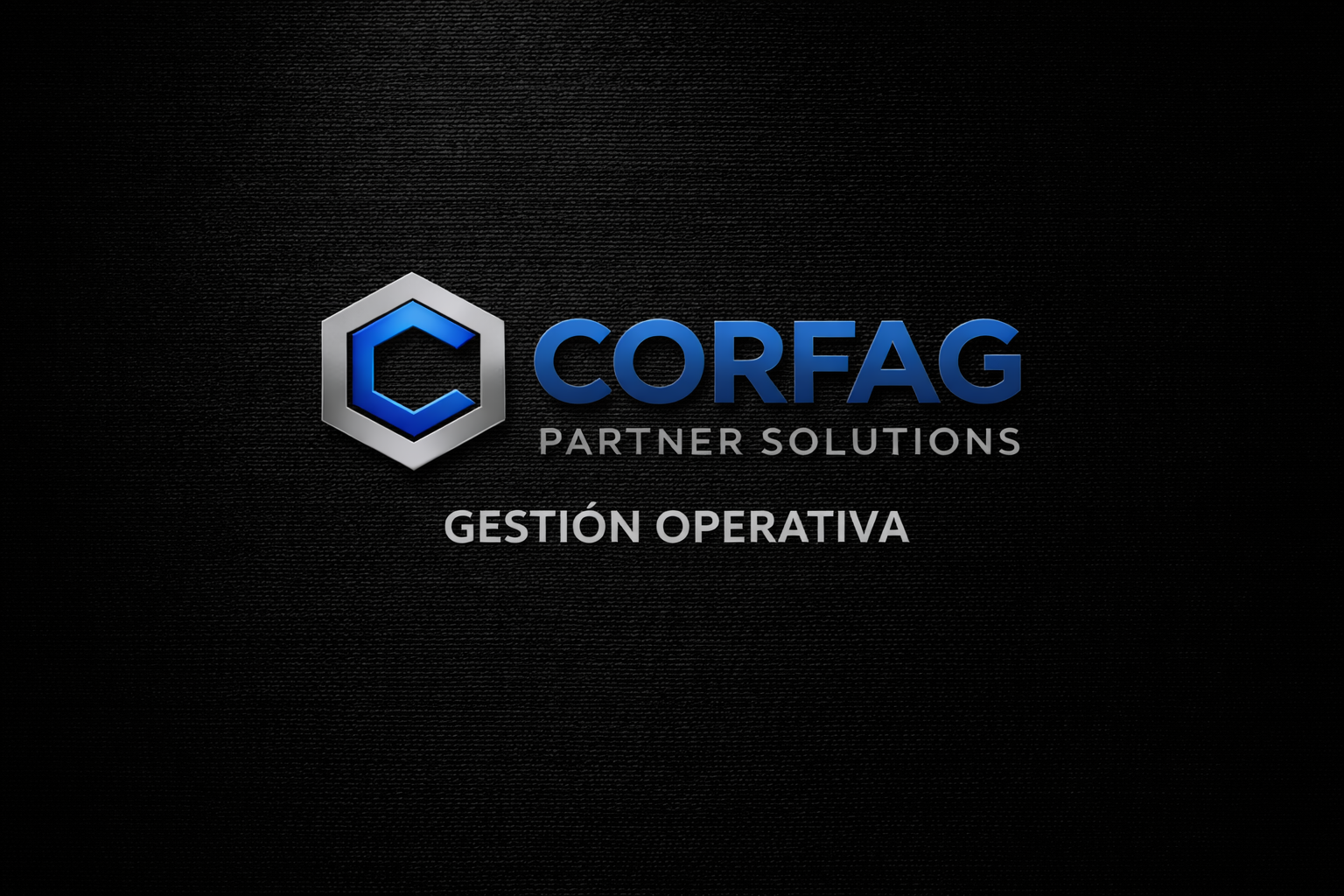 Logo de Corfag Partner Solutions con texto en español 'Gestión Operativa' sobre fondo negro texturizado.