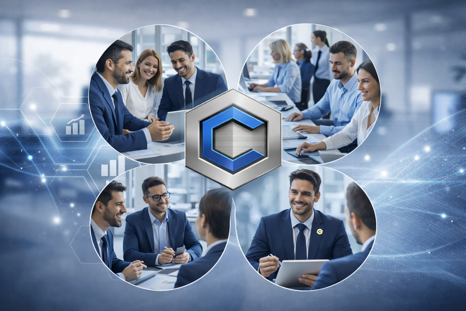 Imagen que muestra varias reuniones de negocios con profesionales en un ambiente de oficina moderna, rodeadas por gráficas de crecimiento y tecnología, con un símbolo central que representa innovación o tecnología.