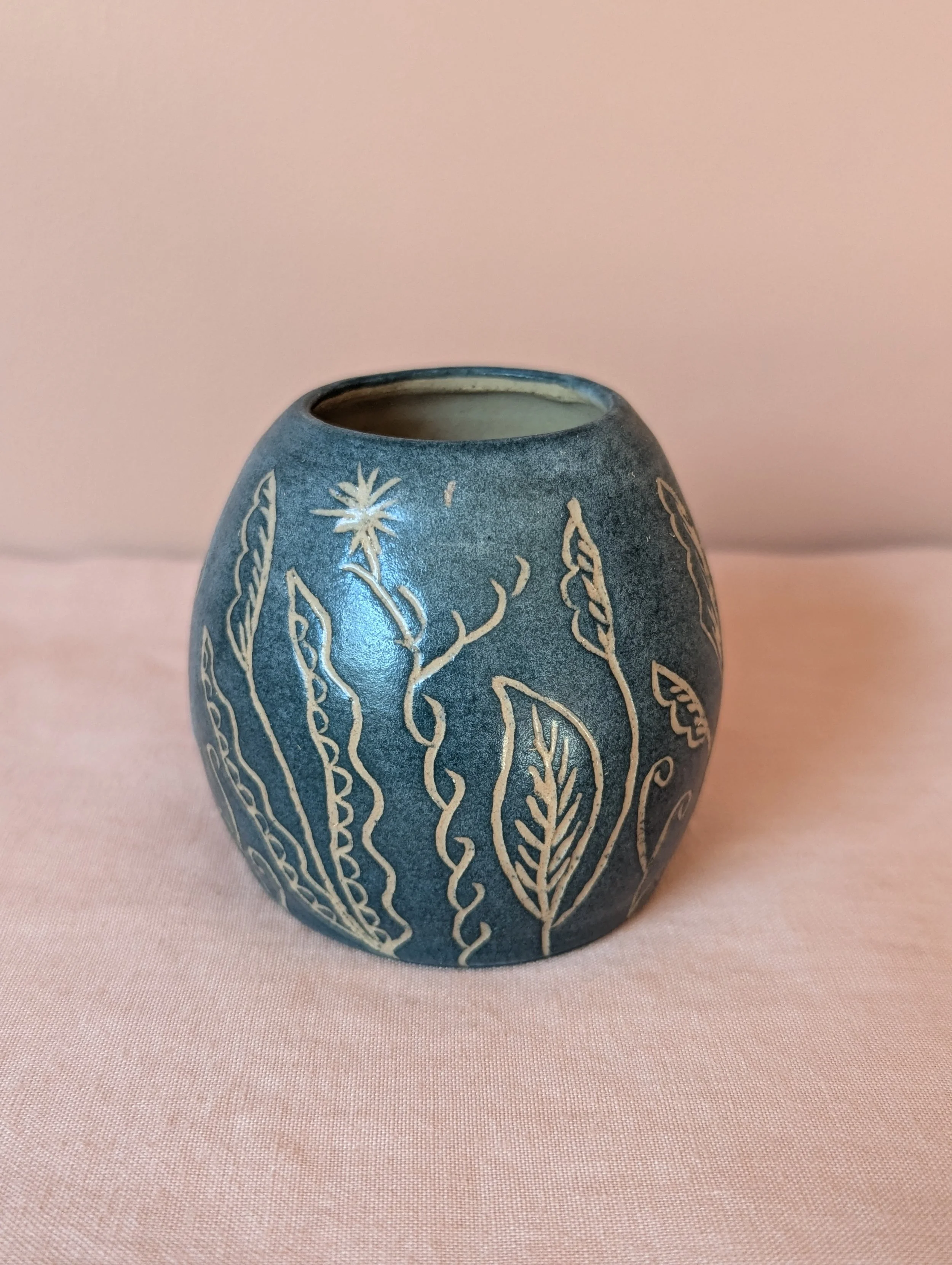 Botanical Sgraffito Teal Bud Vase