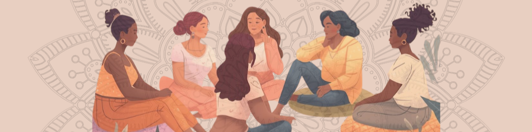 Illustration of a diverse group of women sitting in a circle on meditation cushions checking in on each other with a mandala overlay