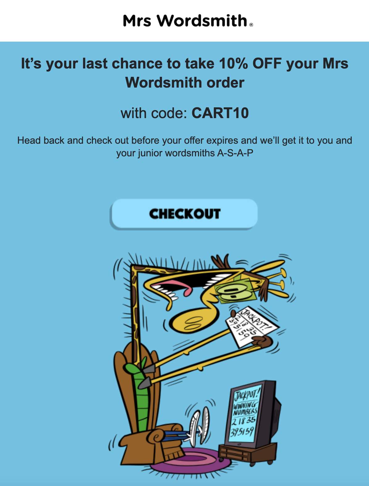 An advertisement for Mrs. Wordsmith offering 10% off with code CART10, featuring a cartoon of a smiling character in a chair with a jackpot ticket, a computer with lottery numbers, and a bright blue background.