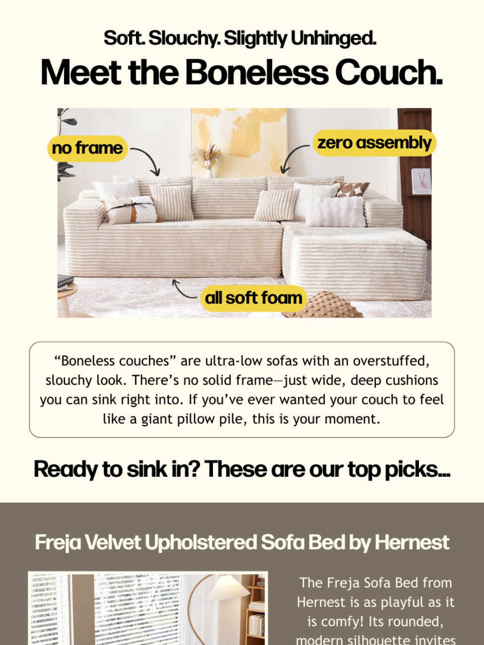 An advertisement showing a beige velvet upholstered sofa with all soft foam cushions, no frame, and zero assembly, in a well-decorated living room.