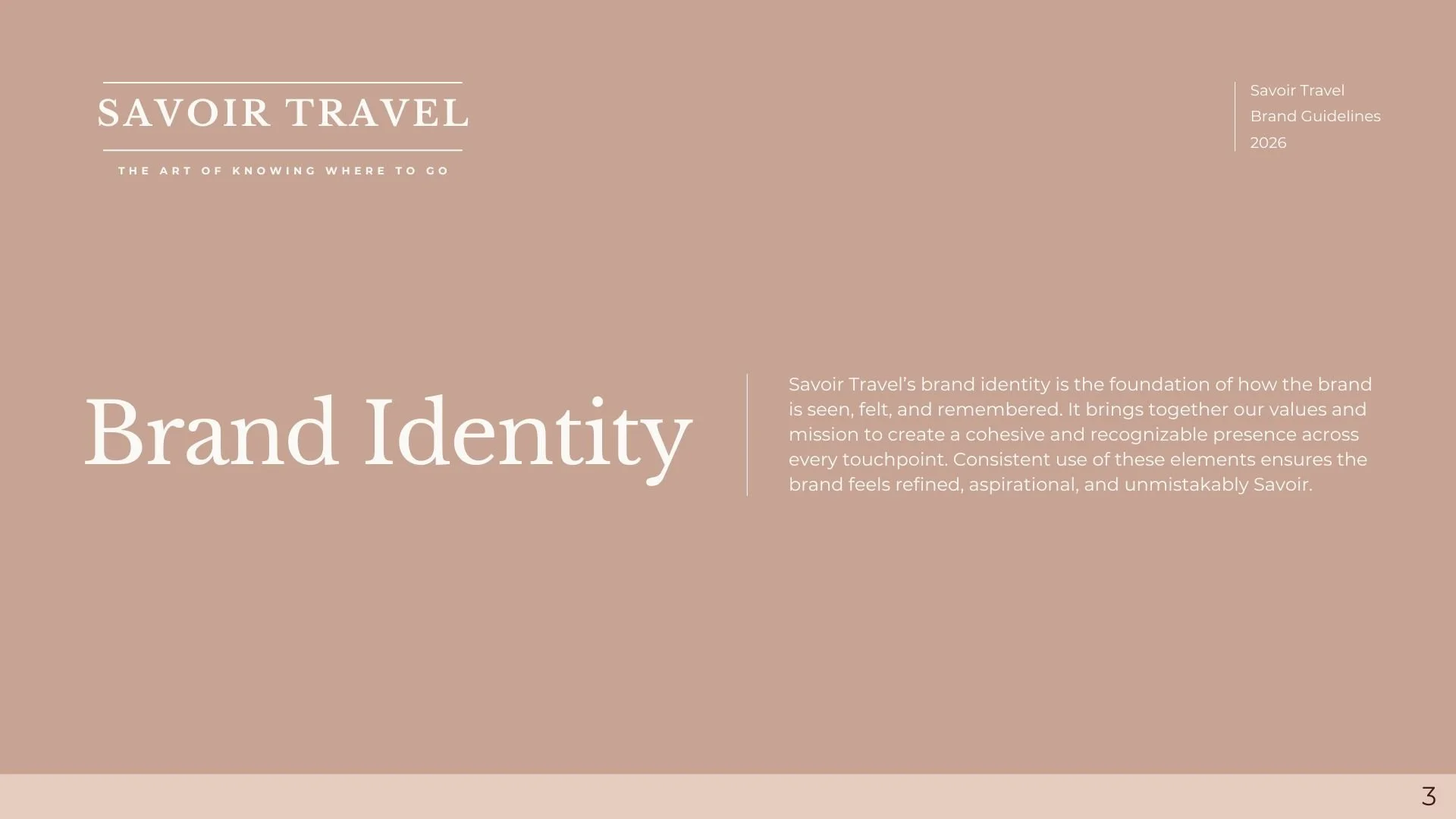 Savoir Travel brand guidelines document cover page with a beige background, white text, and sections titled 'The Art of Knowing Where to Go' and 'Brand Identity'.
