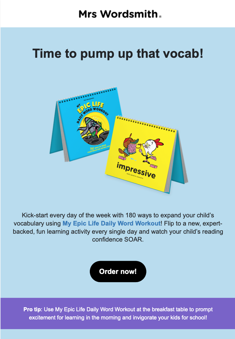 Promotional flyer for Mrs. Wordsmith's My Epic Life Daily Word Workout with colorful images of two desk calendars, one labeled 'My Epic Life Daily Word Workout' with a fish character, and the other with a duck character and the word 'impressive.'