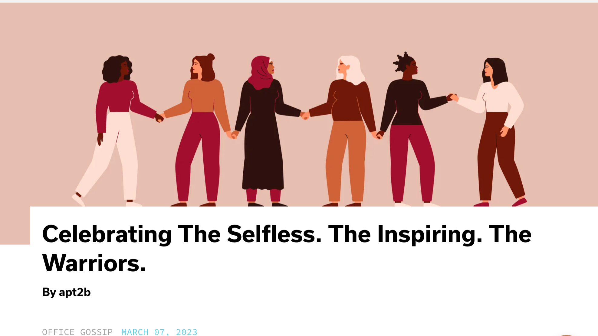 Six women holding hands in a line, diverse in ethnicity and fashion style, celebrating unity and strength.