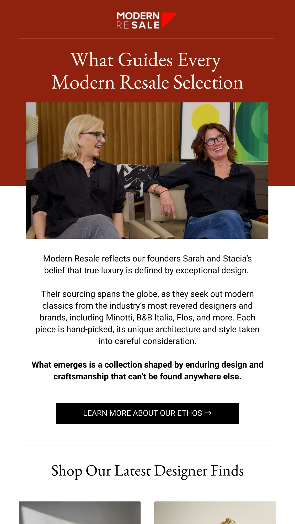A promotional webpage for Modern Resale featuring two women with glasses smiling and talking, seated in a modern interior space with wooden and colorful decor, and text about the company's focus on design and craftsmanship.