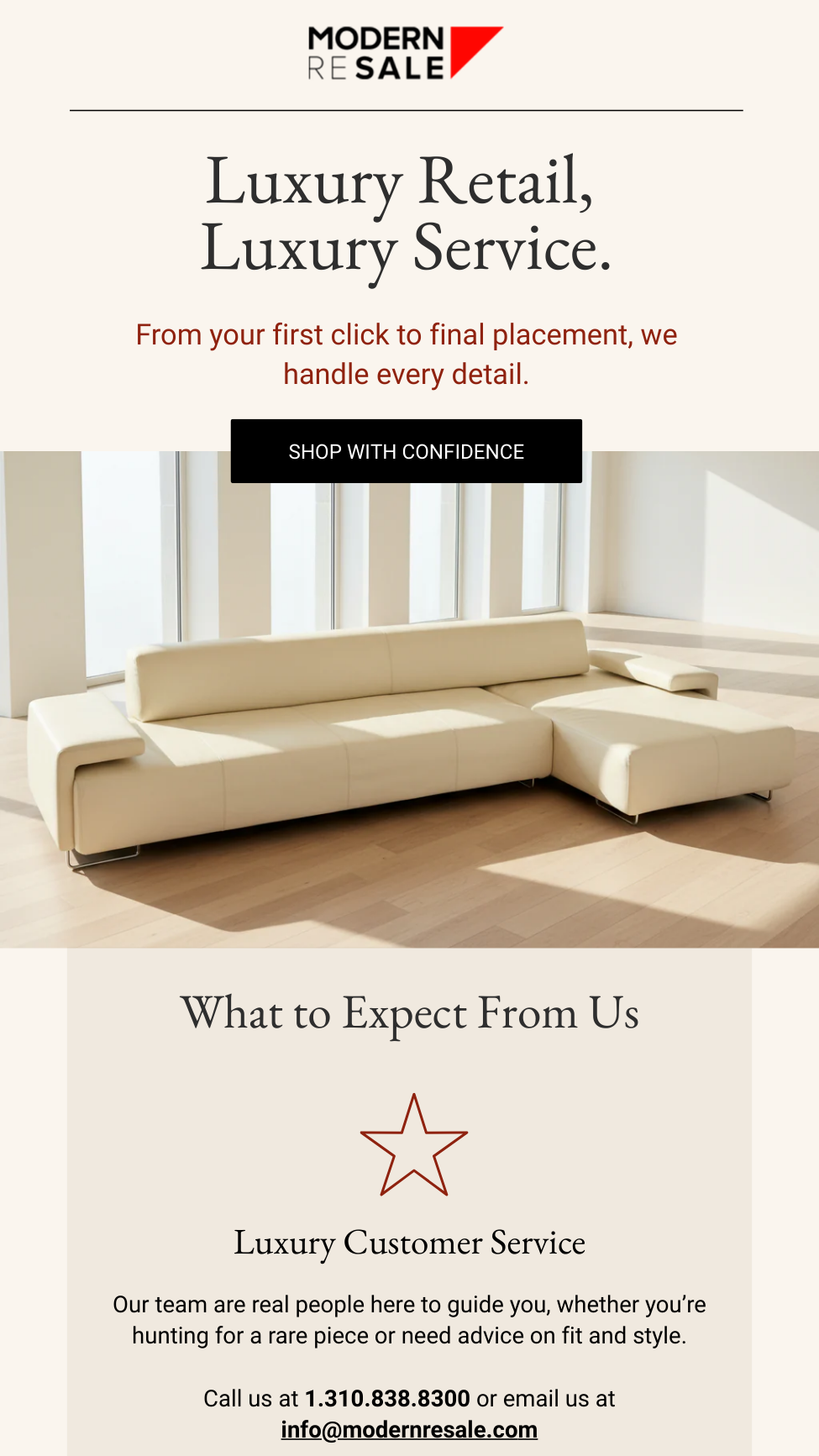 Advertisement for Modern Resale promoting luxury retail and service, featuring a beige sofa in a bright, modern space.