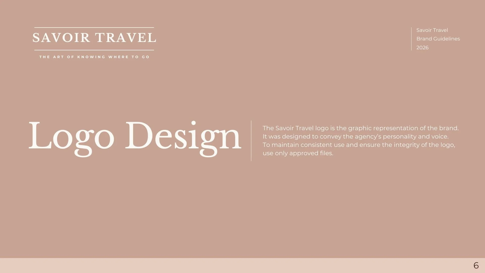 A beige background page titled 'Savoir Travel'. The page discusses logo design, mentioning the agency's personality and voice, and emphasizes using only approved files.