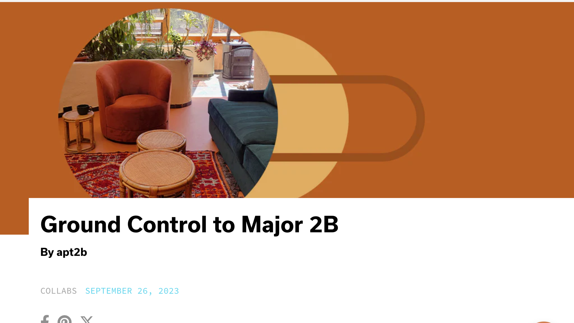 Cover page with a circular photo of a cozy living room with a red armchair, black sofa, rattan stools, plants, and a window, decorated in earthy tones, with the title 'Ground Control to Major 2B' and the subtitle 'By apt2b.'