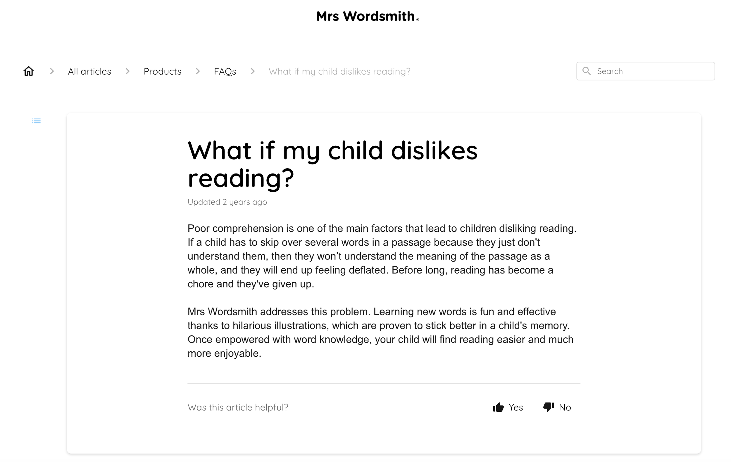 A webpage from Mrs Wordsmith titled 'What if my child dislikes reading?' discussing children's reading difficulties and strategies to improve their comprehension through engaging illustrations.