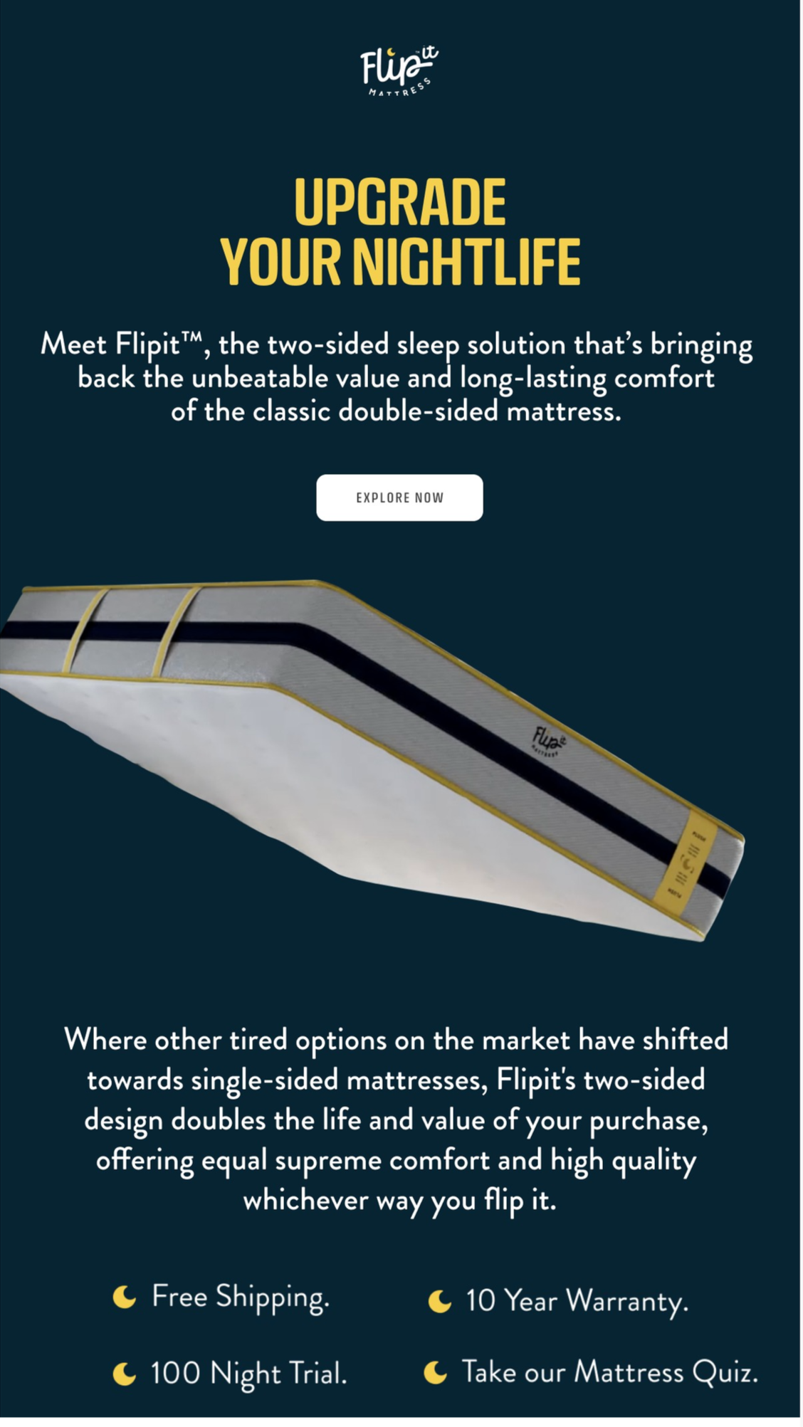 An advertisement for Flip It Mattress promoting their two-sided mattress that doubles the lifespan and value. The ad highlights benefits like free shipping, a 10-year warranty, a 100-night trial, and a mattress quiz.