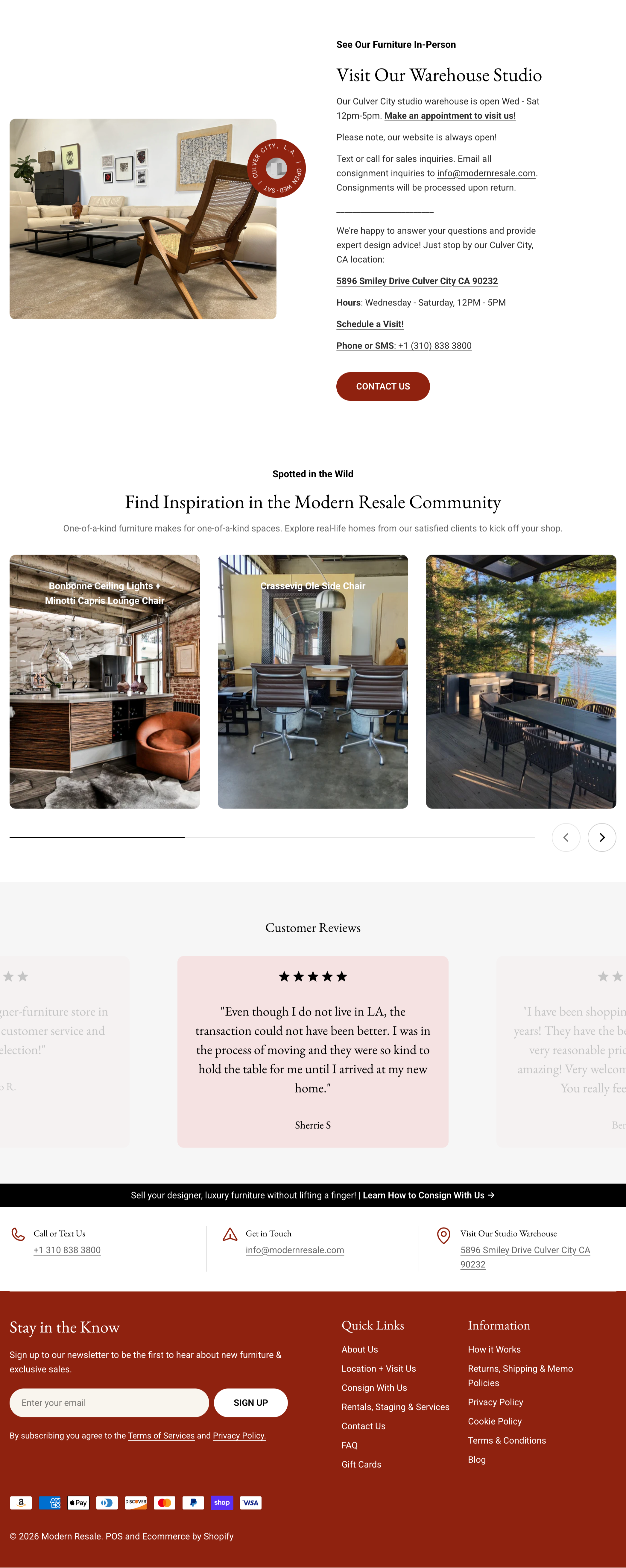 A website homepage for Modern Resale, a furniture store. Features a living room image with a beige sofa, black coffee table, and framed art on the wall. Below are three images of modern furniture: ceiling lights and lounge chair, side chair, and outdoor dining area surrounded by trees. The page includes store contact information, business hours, customer reviews, and newsletter sign-up.