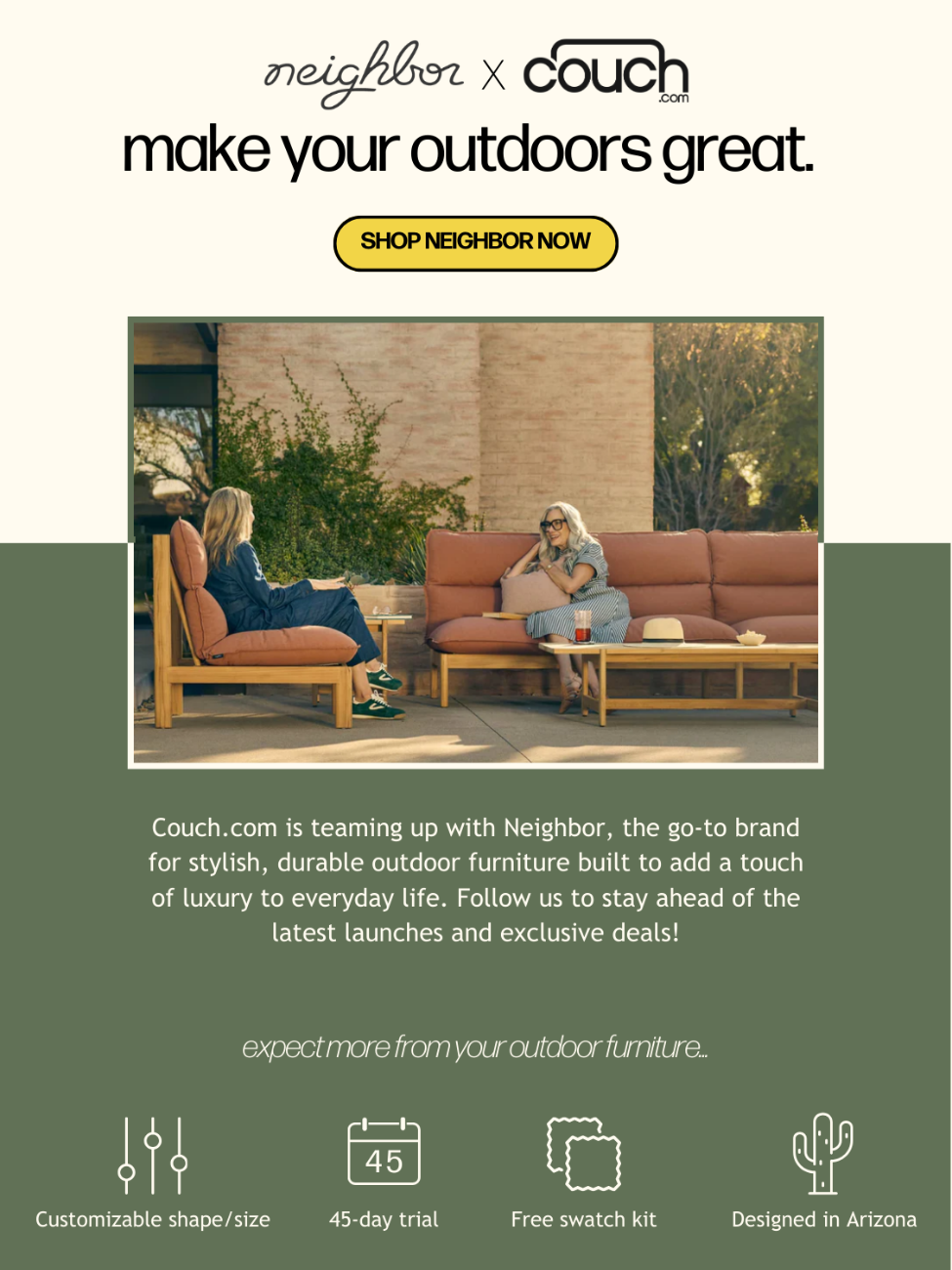 An outdoor patio scene with two women sitting on stylish patio furniture, one on a cushioned armchair and the other on a long sofa, engaged in conversation. The scene features a stone wall and trees in the background, with sunlight casting warm light.