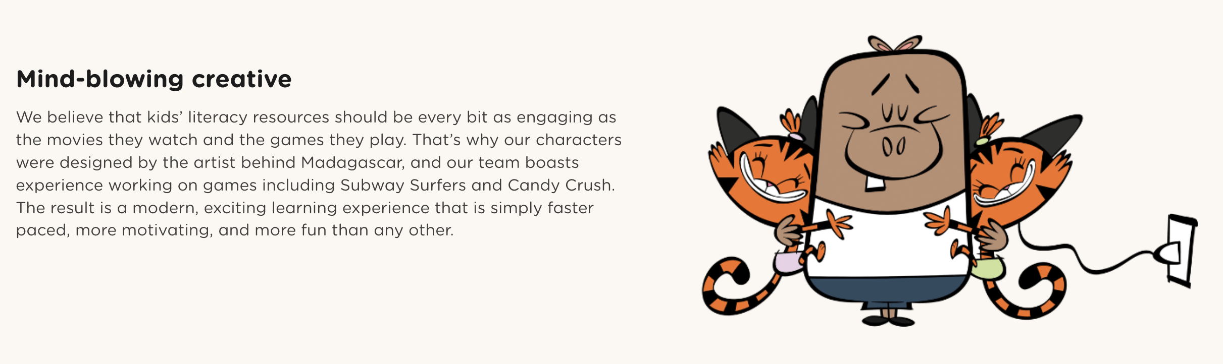 Illustration of a character with two tiger-like creatures. The tiger-like creatures are smiling and hugging the character from each side.