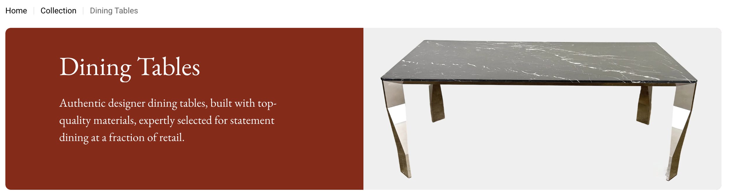 A webpage showcasing a black marble top dining table with beige legs. The page has a navigation menu with options for Home, Collection, and Dining Tables, and the section title "Dining Tables" with a description about designer dining tables.
