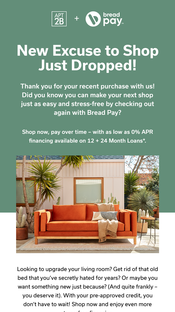 An advertisement promoting furniture shopping with Bread Pay, featuring a cozy orange sofa in a sunny outdoor setting with tropical plants and a wooden house in the background.