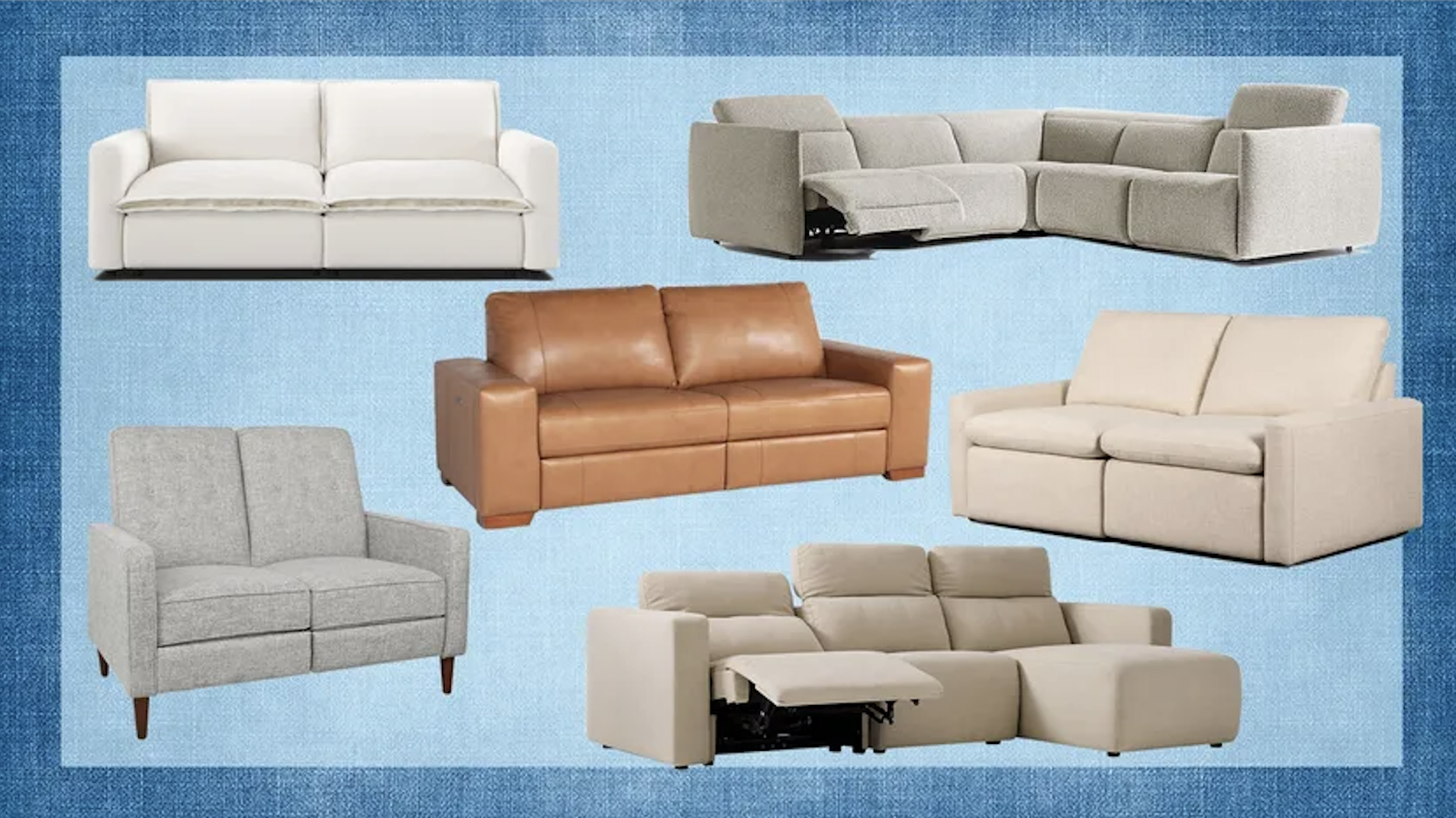 Various sectional sofas in different styles, colors, and materials displayed on a blue textured background.