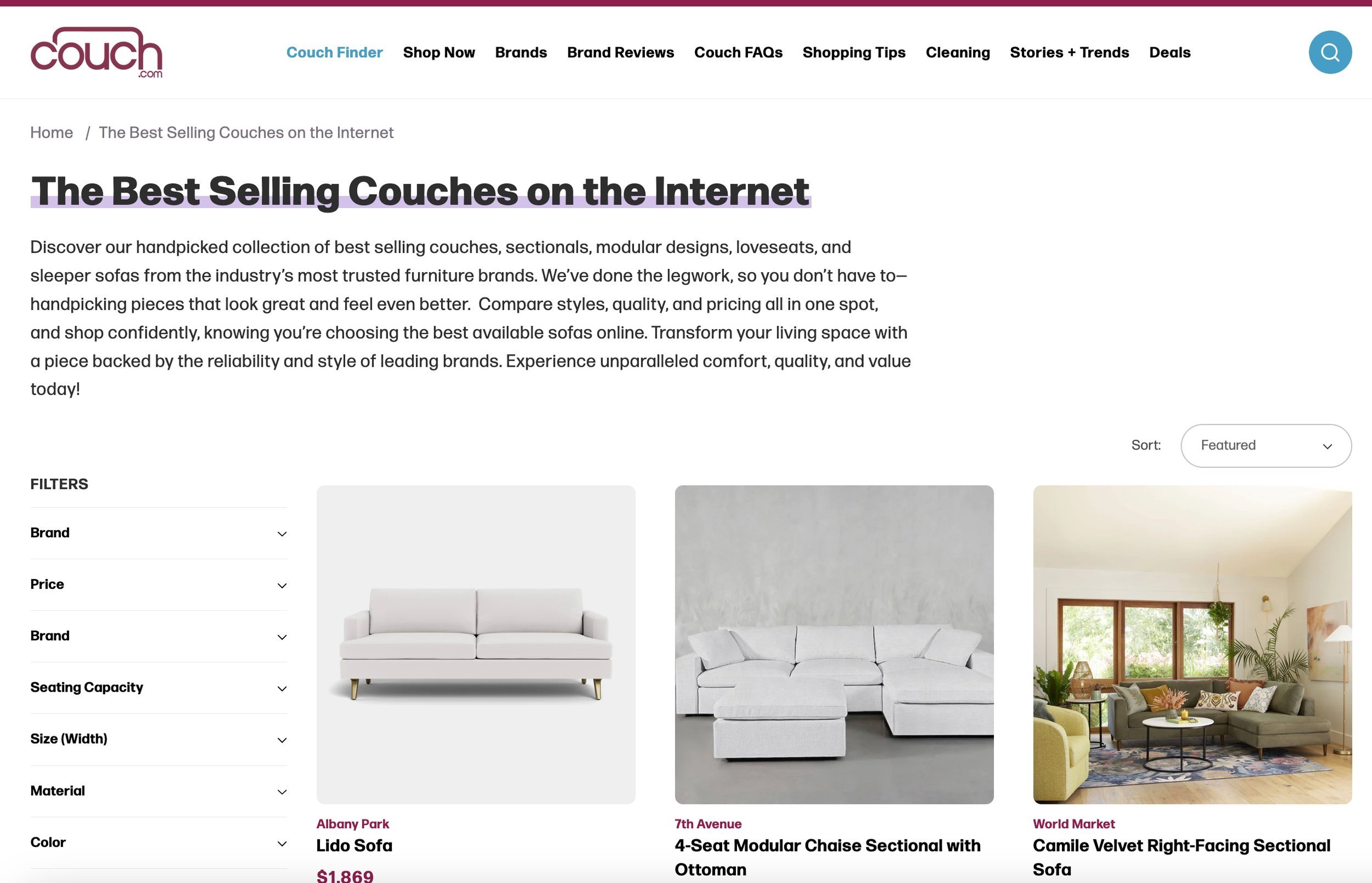 Screenshot of a website titled "The Best Selling Couch on the Internet," featuring a search bar, filters for brand, price, seating capacity, size, material, and color, and images of different couches, including a white sofa, a modular sectional, and a room with a green couch and large windows.