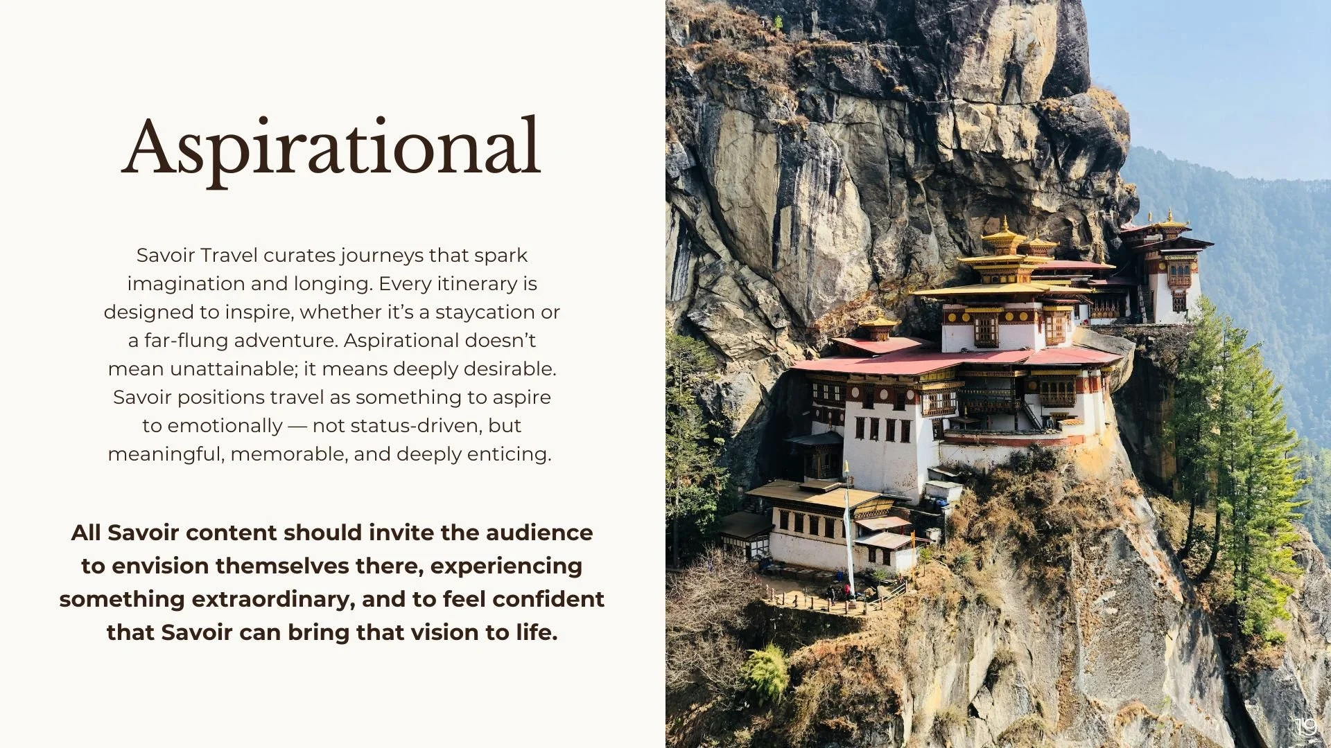 Travel brochure with text about aspirations and a photograph of a monastery built into a mountainside.