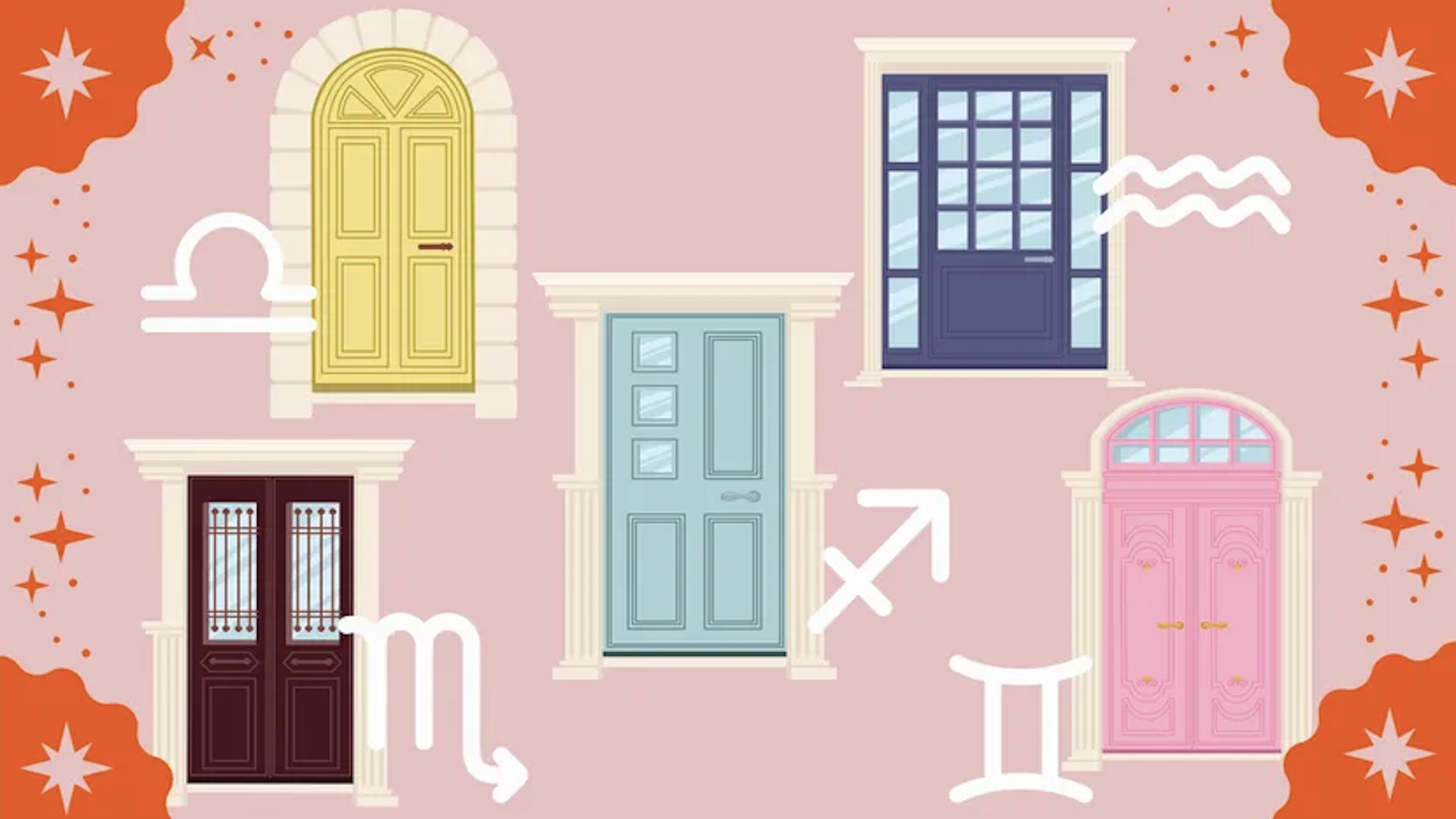 Different colorful doors with decorative frames on a pink background, surrounded by orange and star-shaped decorations.