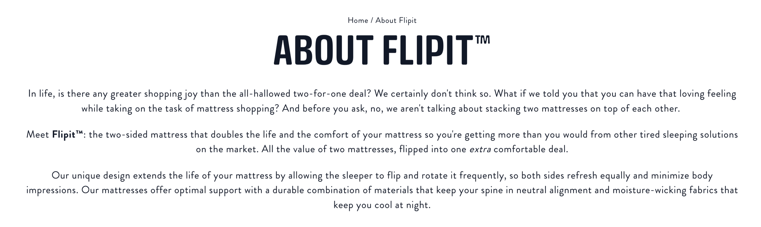 Screenshot of a webpage titled 'About Flipit', describing a two-sided mattress called Flipit that flips and rotates to extend its lifespan and provide better support.