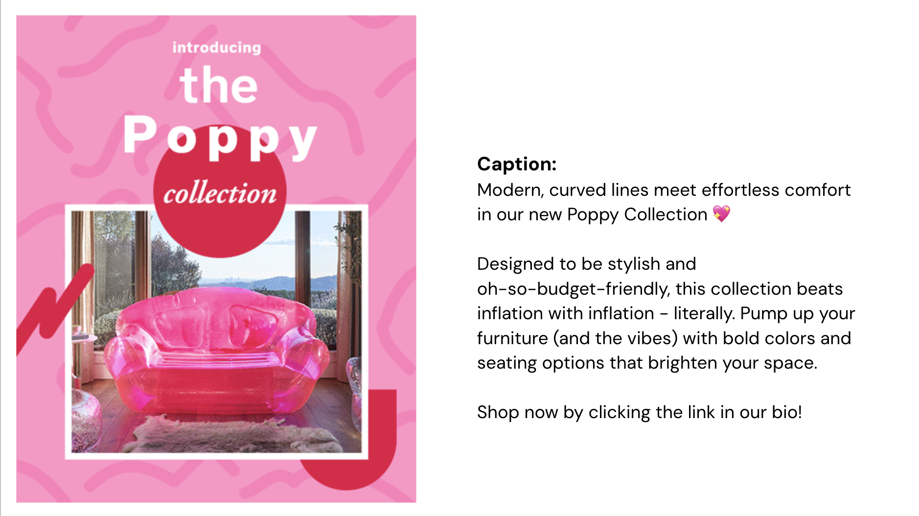 Pink furniture collection advertisement featuring a bright pink velvet sofa set in a room with large windows and a scenic outdoor view.