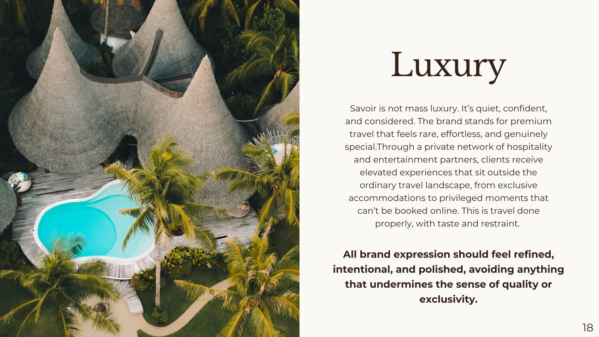 Aerial view of a luxury resort with thatched roof structures, a swimming pool, and tropical palm trees, accompanied by a text section titled 'Luxury' discussing exclusive travel experiences.