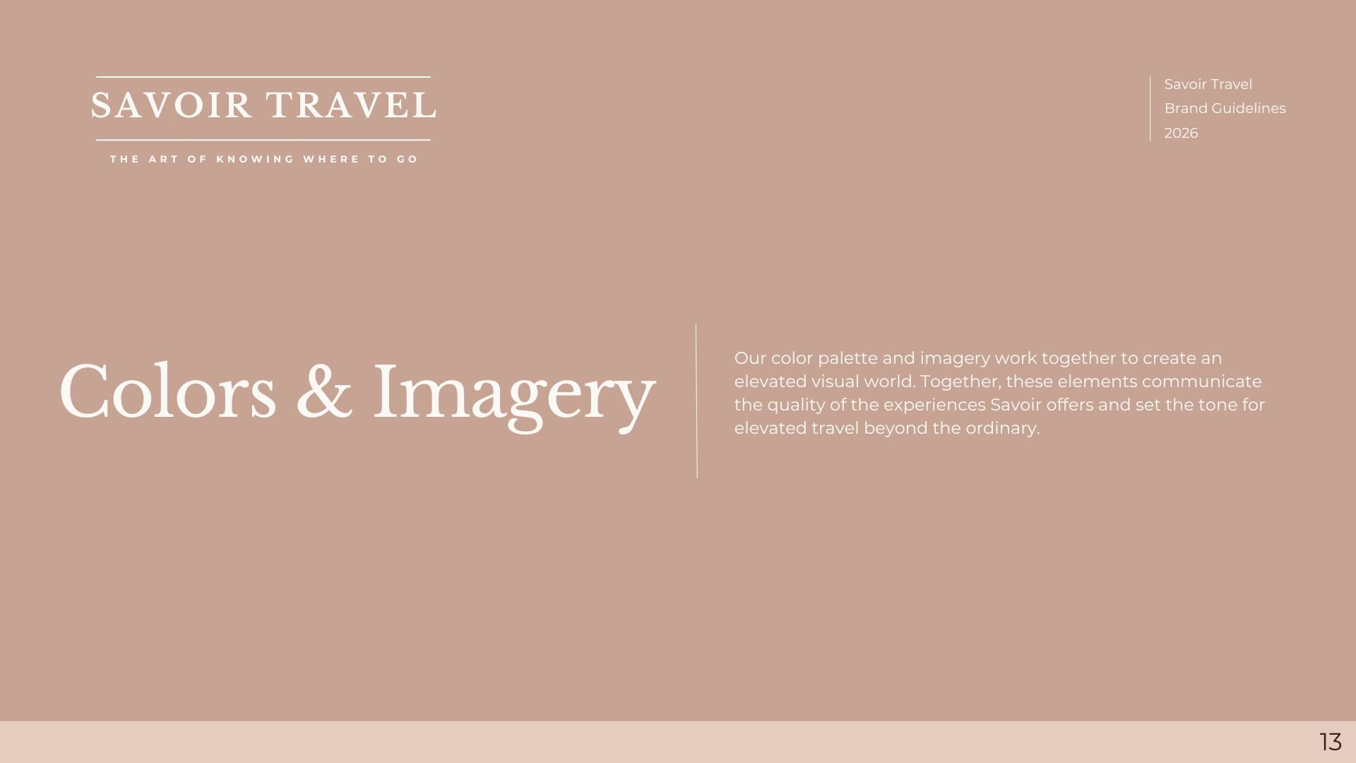 Savoir Travel branding page with a beige and brown color palette, titled 'Colors & Imagery,' discussing the visual design elements and their connection to the travel experience.
