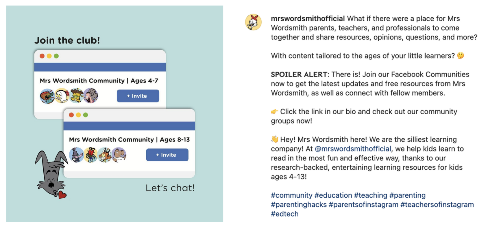 Social media post promoting Mrs. Wordsmith community groups for ages 4-7 and 8-13, with cartoon characters and a dog cartoon on a mint green background, and text encouraging joining the groups for educational resources.