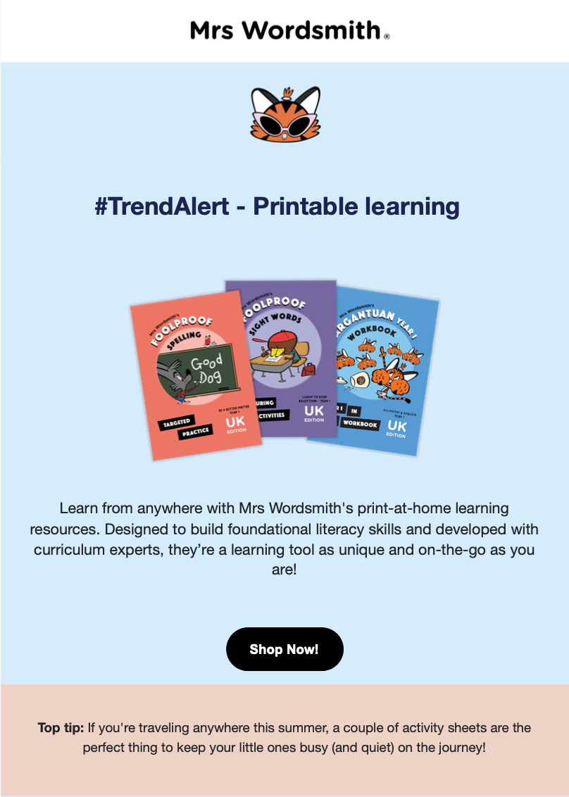 Mrs. Wordsmith promotional flyer showcasing printable learning resources, including books on spelling, sight words, and argantuan year, with an emphasis on building foundational literacy skills for children.