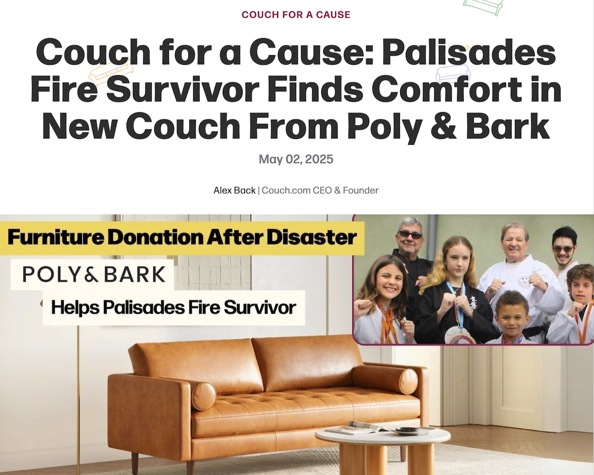 Headline and subheadline about Palisades Fire survivor finding comfort in a new Poly & Bark couch, with a photo of smiling children and adults, including a man in a white uniform, next to a brown leather couch in a living room.