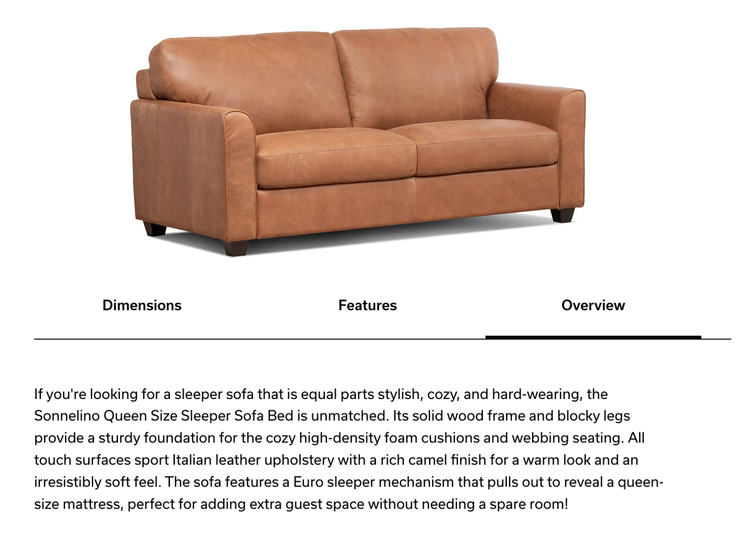 A brown leather sleeper sofa with cushioned seats and backrest, black wooden legs, and a European sleeper mechanism.
