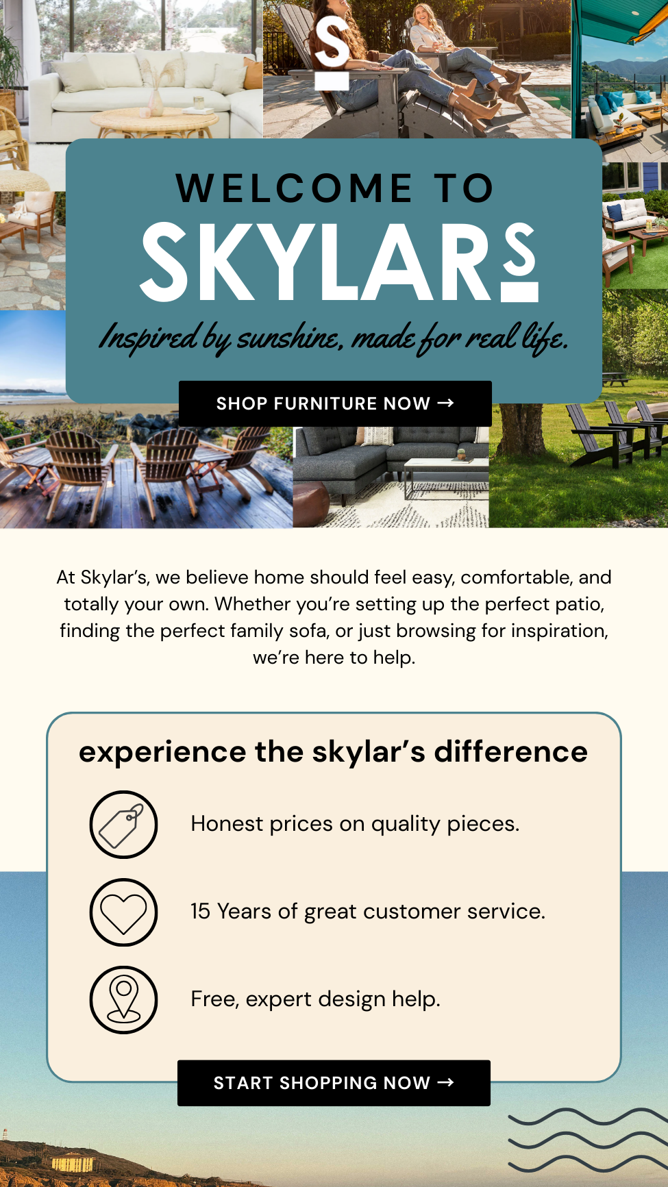 A promotional flyer for Skylar's furniture store featuring images of patio and outdoor furniture, a living room setup, and a relaxing outdoor scene with chairs and a table. The flyer includes a welcome message, inspirational tagline, and highlights of the store's benefits such as honest prices, customer service, and free design help.