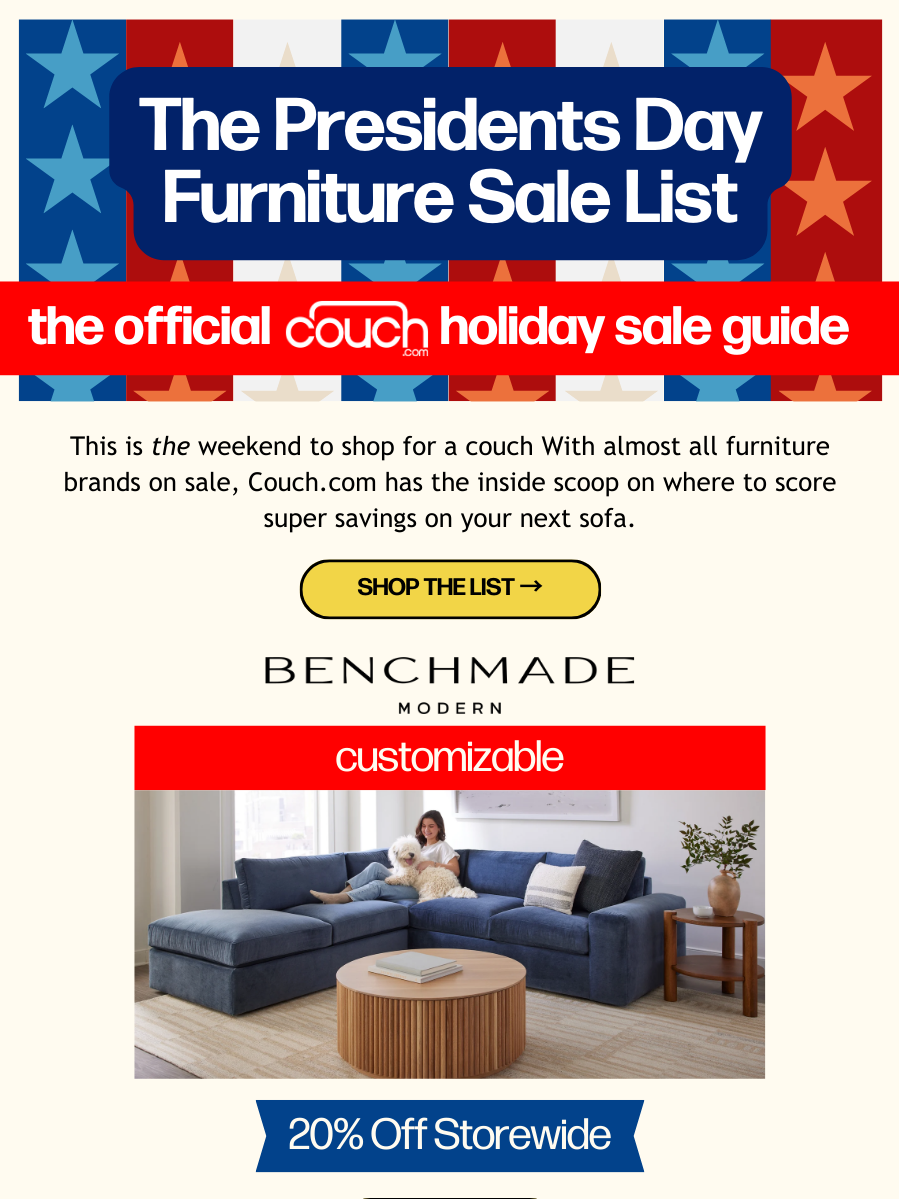 Advertisement for the President's Day furniture sale on Couch.com featuring a modern blue sofa from Benchmade and a woman with a dog on the sofa, with text highlighting discounts and customizable options.
