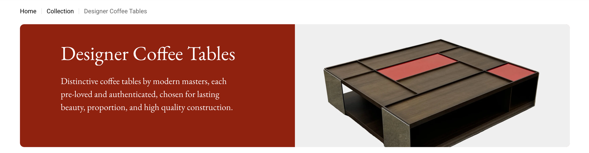 A webpage displaying a modern coffee table with multiple sections, some with red inserts, placed on a white background, with text describing designer coffee tables.